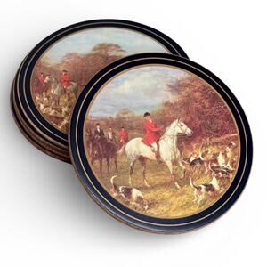 Vintage Pimpernel Coasters Fox Hunt Cork Back Equestrian Horse Round Set of 6